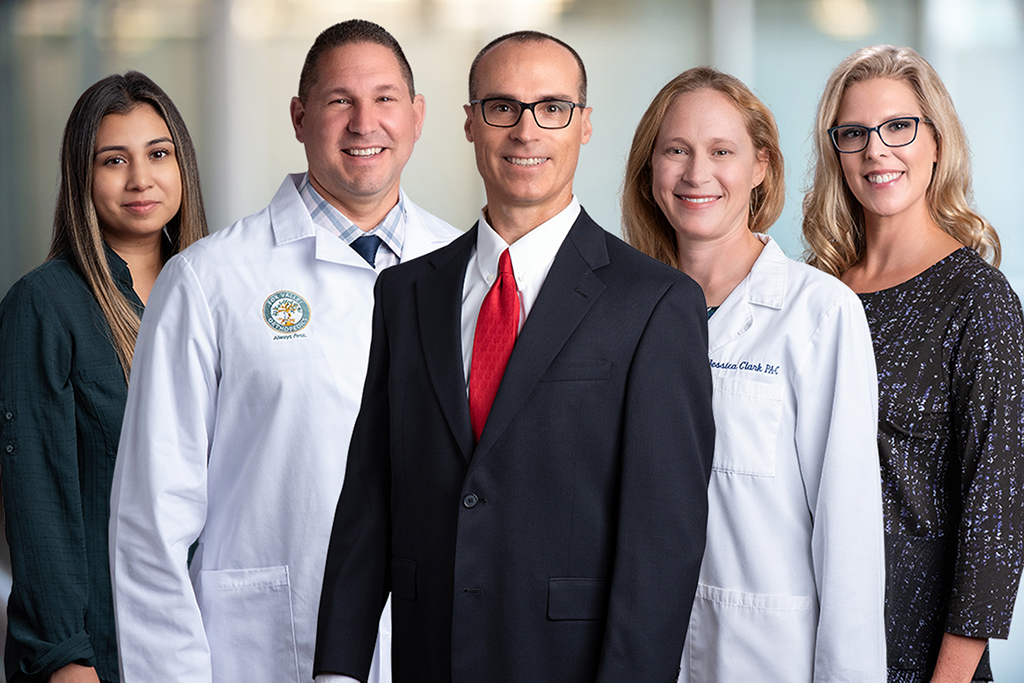 From left: Verenice (Medical Assistant), Jim Schiltz (Physician Assistant), Dr. Timothy Petsche, and Jessica Clark (Physician Assistant). Tracy (Registered Nurse) Kelly (Care Team Coordinator), and Naomi (Medical Scribe) not pictured.